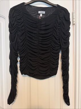 Discreet Black Ruched Long-Sleeve Mesh Top
